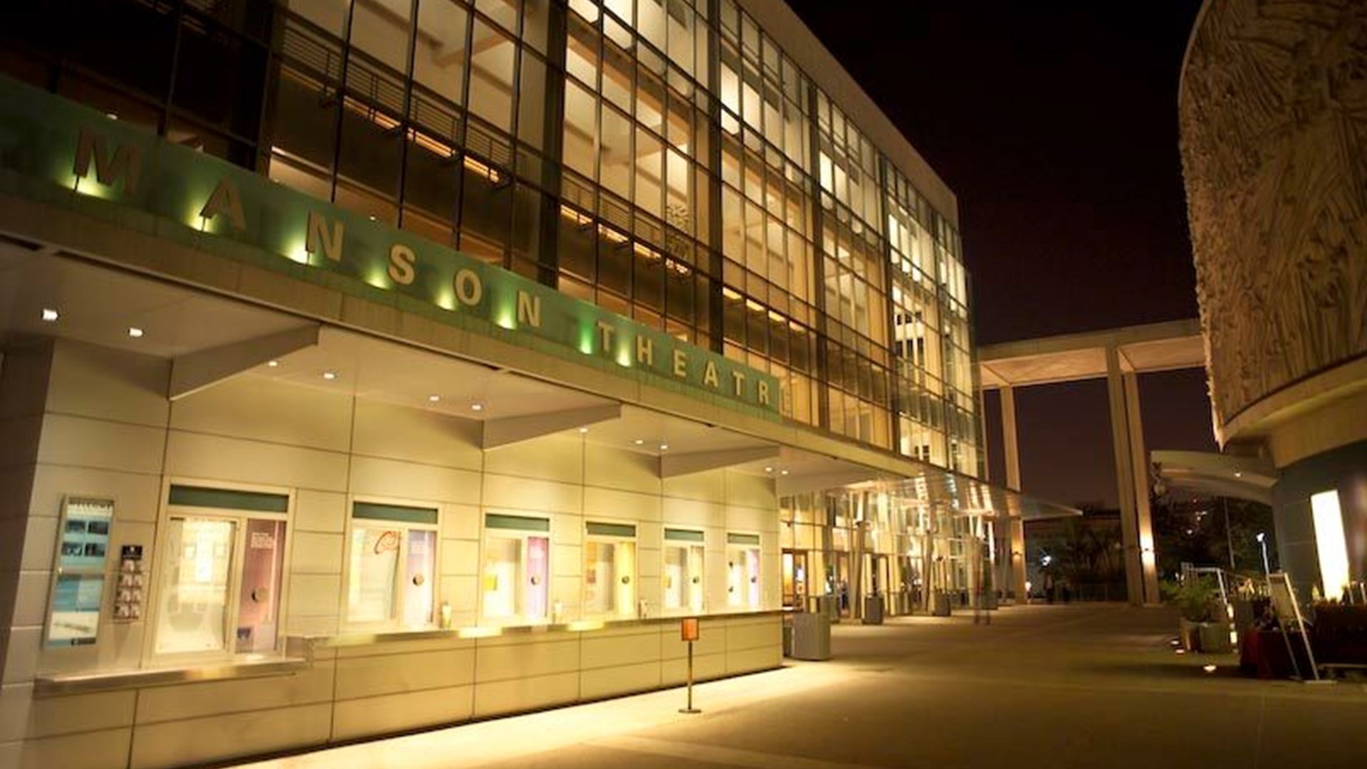 A night view of the Ahmanson Theatre and Box Office.