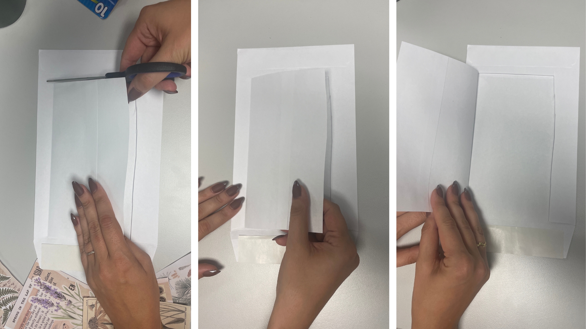 A step-by-step process shows hands with manicured nails cutting, folding, and assembling a white paper door, with vintage-style collage materials visible nearby.