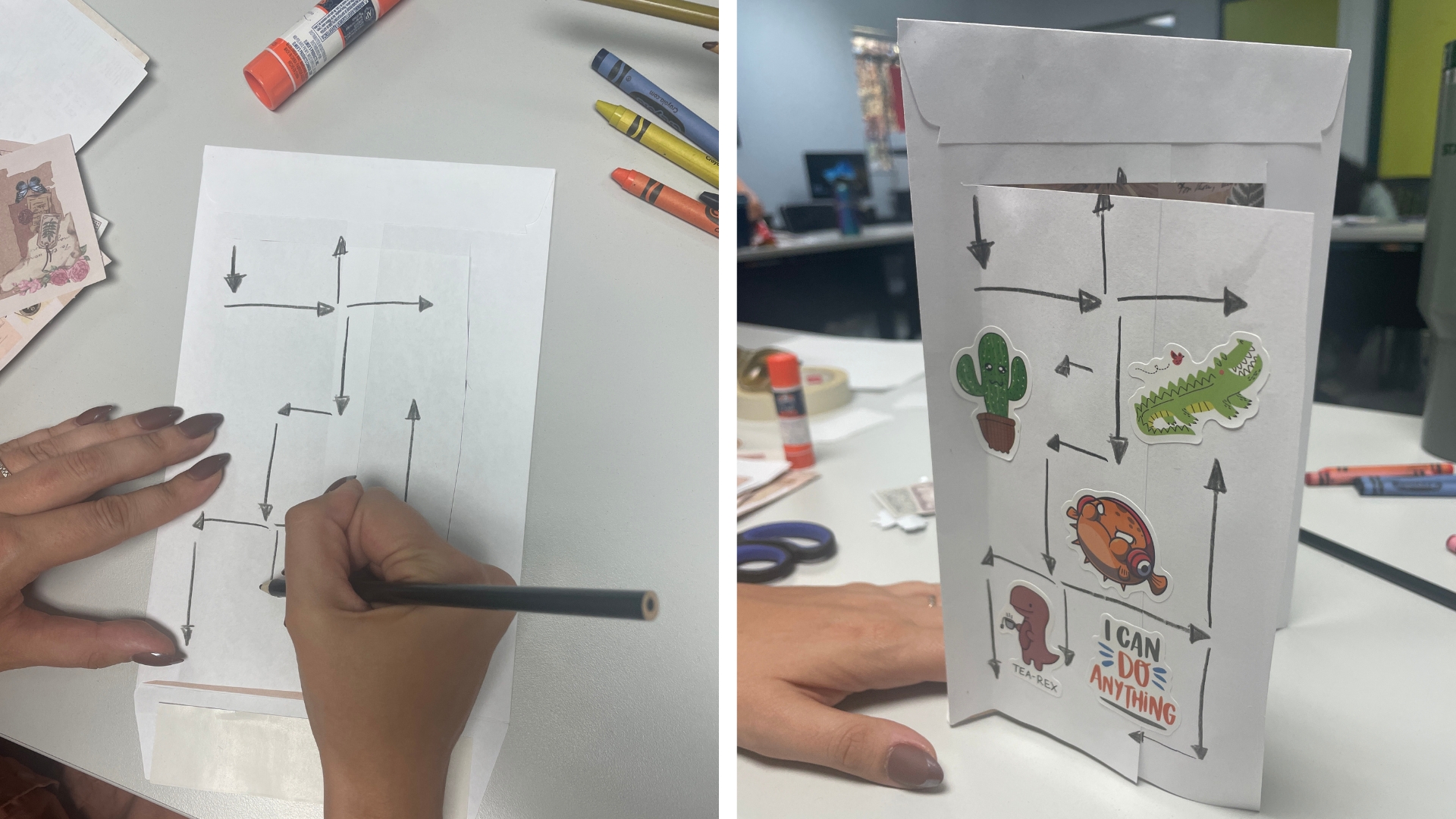 A process shows hands with manicured nails drawing arrows on white paper door, adding stickers of a cactus, crocodile, puffer fish, and dinosuar.