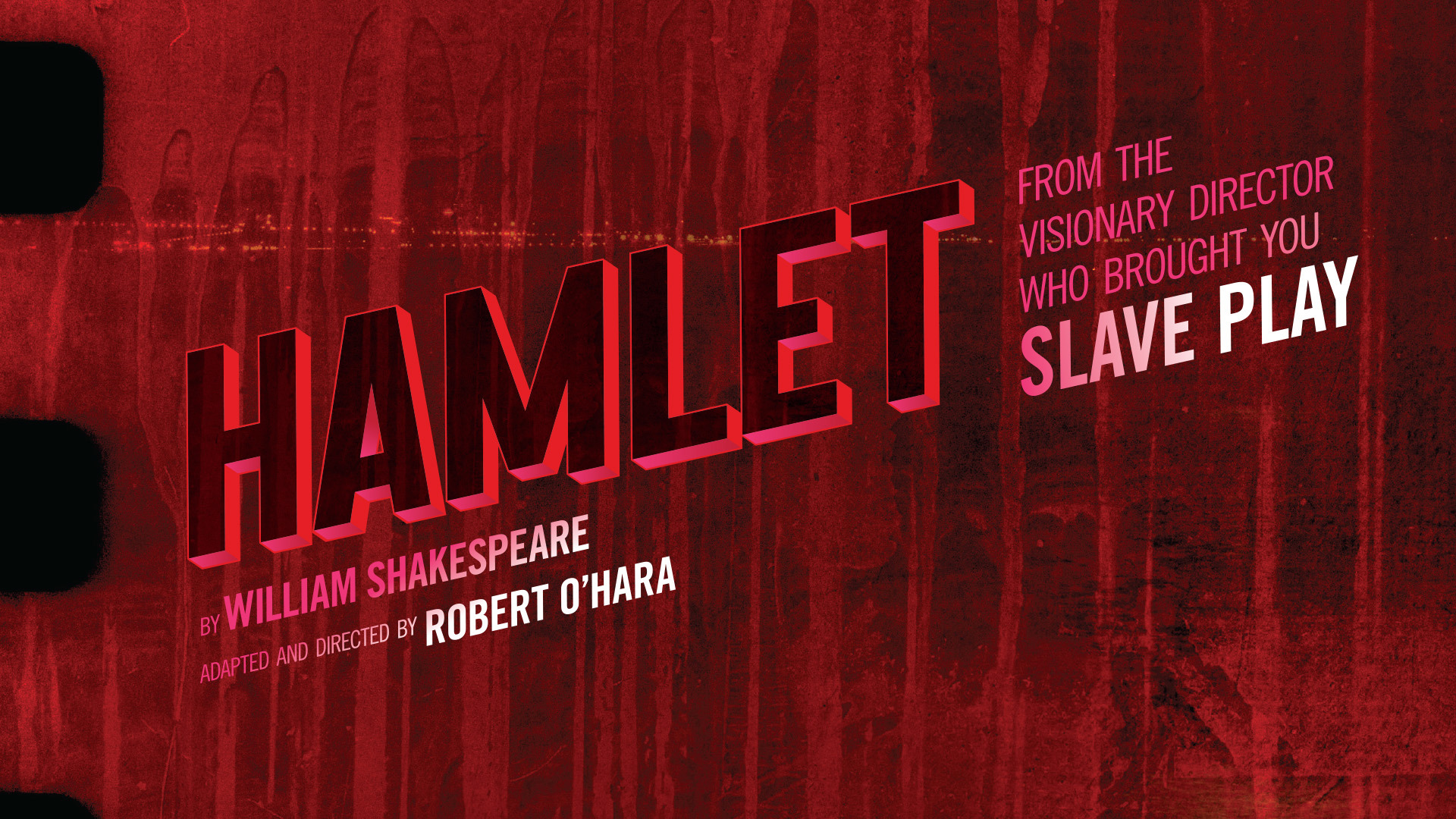 The text Hamlet appears infront of a bloddy red background. 